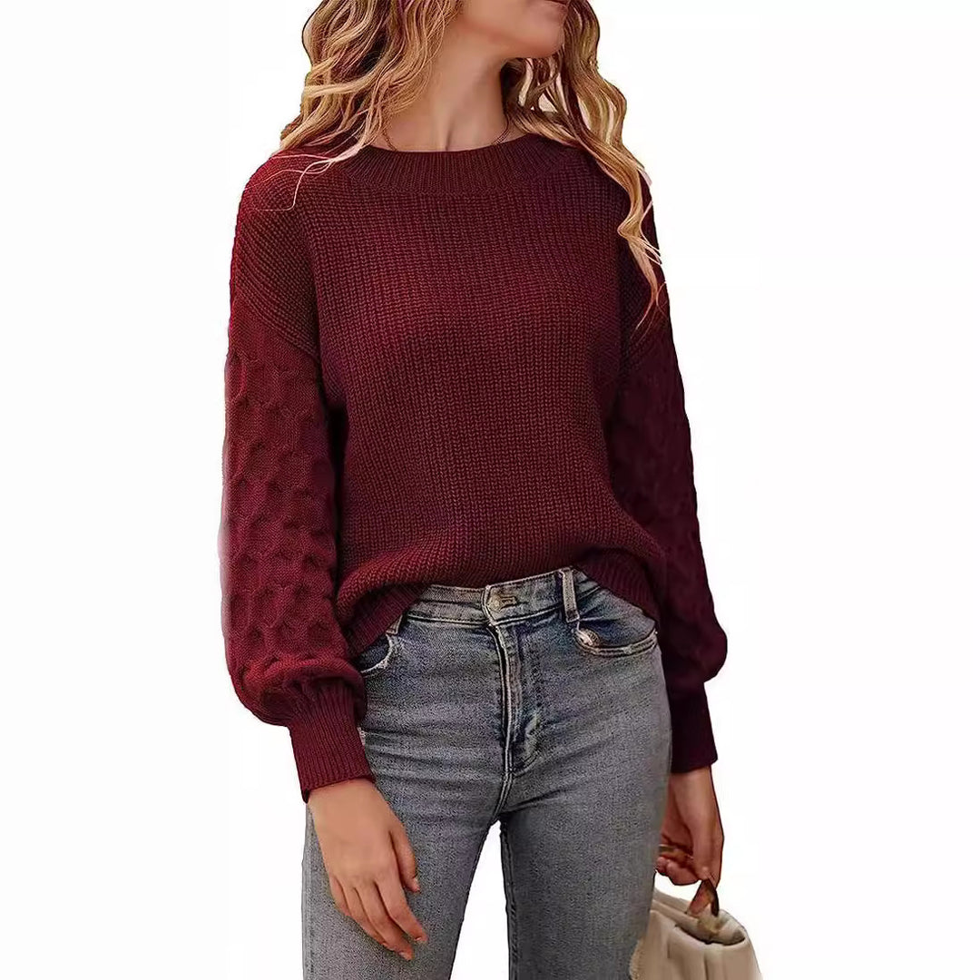 Damen modischer Strickpullover mit strukturierten Ärmeln und Rundhalsausschnitt Heidi-Mode