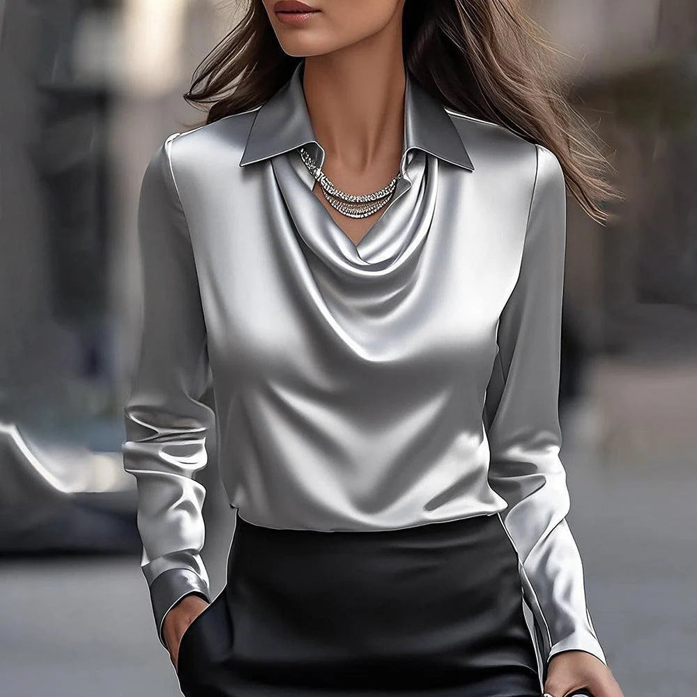Damen Elegante Bluse mit asymmetrischem Kragen und fließendem Fall Heidi-Mode