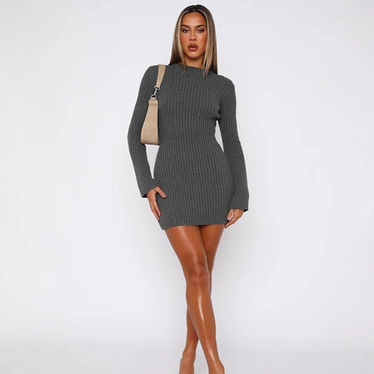 Damen Figurumspielendes Strick-Minikleid mit langen Ärmeln Heidi-Mode