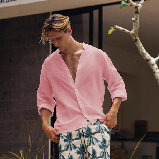 Herren lässige Leinenbluse mit durchgehendem Knopfverschluss Heidi-Mode