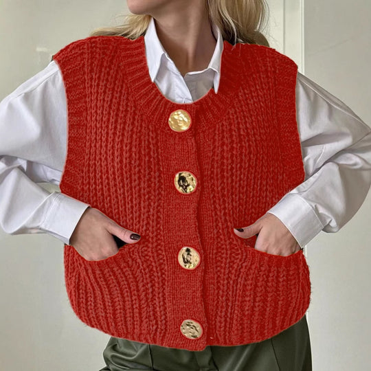 Damen Strickweste mit Knopfdetaillierung und praktischen Taschen Heidi-Mode