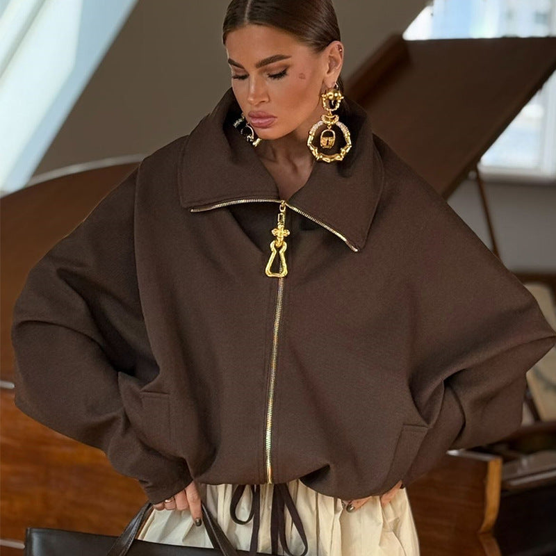 Damen Lässige Oversize-Jacke mit hohem Kragen und Reißverschluss Heidi-Mode