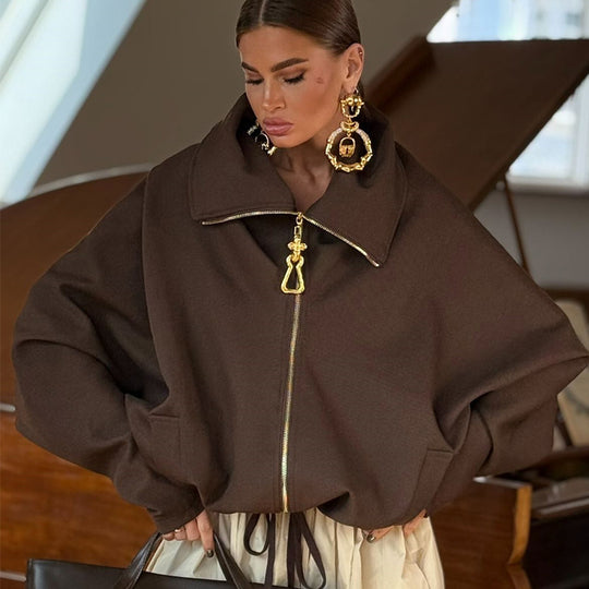 Damen Lässige Oversize-Jacke mit hohem Kragen und Reißverschluss Heidi-Mode