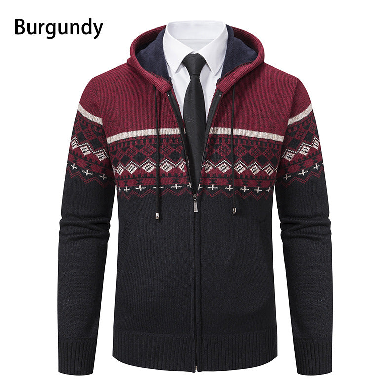 Herren stilvolle Strickjacke mit Kapuze und Norweger-Muster Heidi-Mode