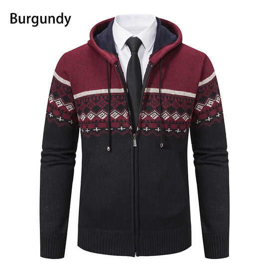 Herren stilvolle Strickjacke mit Kapuze und Norweger-Muster Heidi-Mode