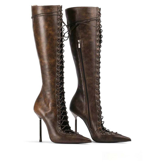 Femme Schnürspitze Stiletto Oberschenkelhohe Stiefel Heidi-Mode