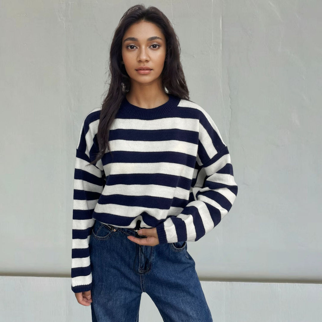 Damen Gemütlicher Ringelpullover mit lässigem Schnitt und tiefem Saum Heidi-Mode