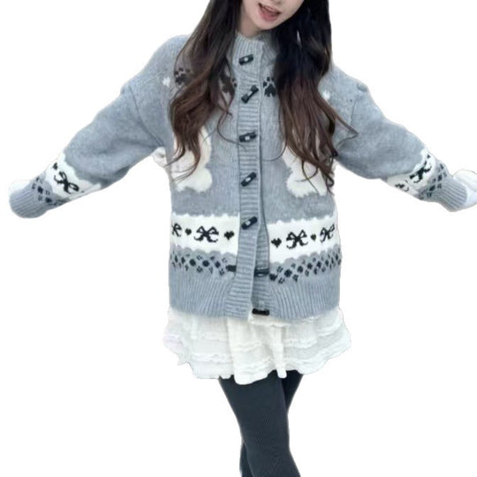 Damen Gemusterte Strickjacke mit tierischem Motiv und Knopfdetails Heidi-Mode