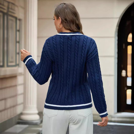 Damen Strickpullover mit V-Ausschnitt und klassischem Zopfdesign Heidi-Mode