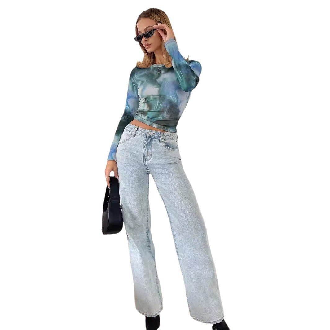 Damen Langärmliges Kunstseidenoberteil mit abstraktem Muster Heidi-Mode