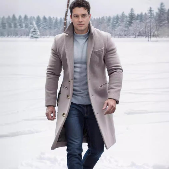 Herren eleganter Wollmantel mit schmalem Schnitt und goldenen Knöpfen Heidi-Mode