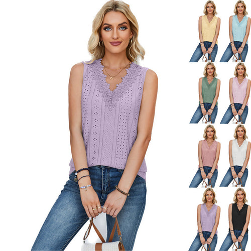 Damen ärmelloses Oberteil mit dekorativen Lochmustern und Spitzenverzierung Heidi-Mode