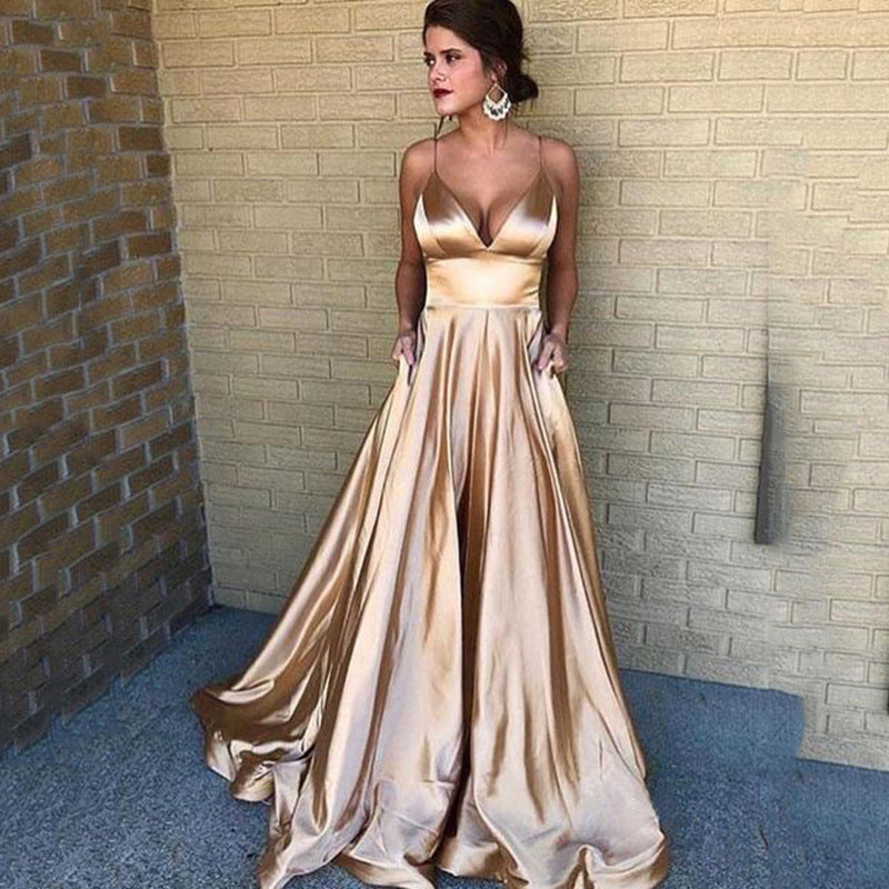 Damen A-Linien Abendkleid mit tiefem Ausschnitt und schmalen Trägern Heidi-Mode