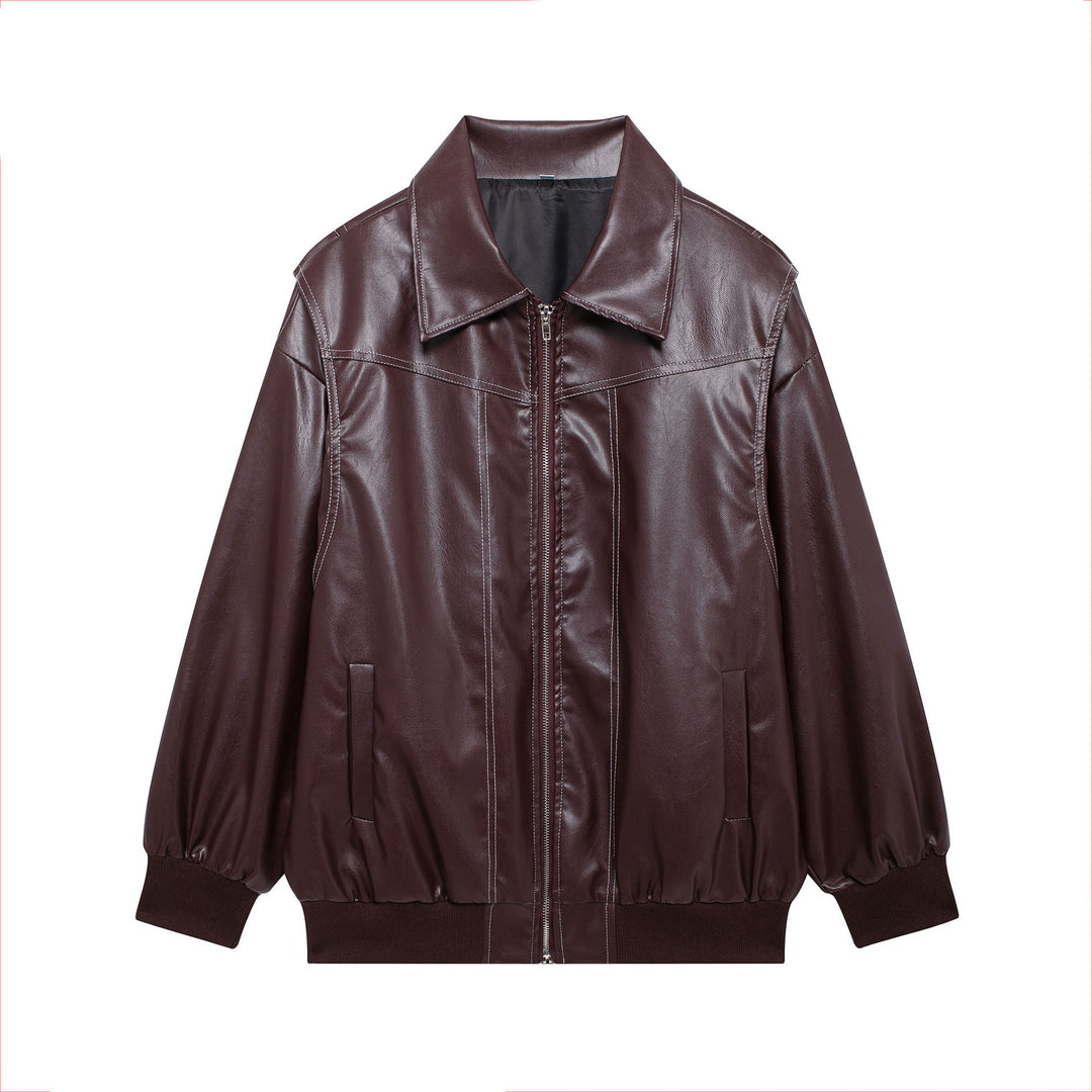 Damen Kunstlederjacke mit elastischen Bündchen und hochschließendem Kragen Heidi-Mode