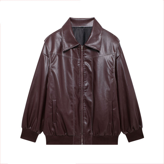 Damen Kunstlederjacke mit elastischen Bündchen und hochschließendem Kragen Heidi-Mode