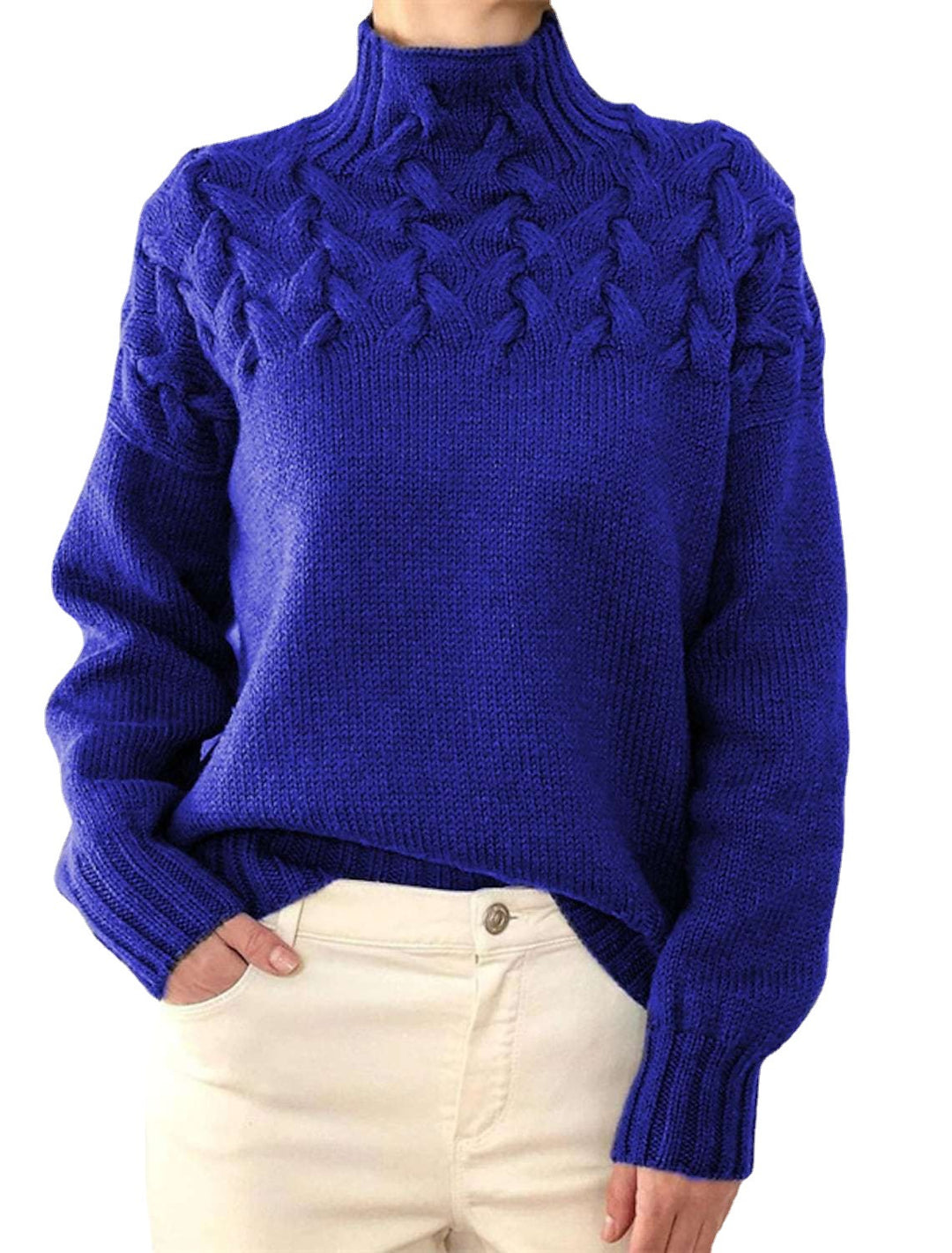 Damen Grobstrickpullover mit Stehkragen und Zopfmuster Heidi-Mode