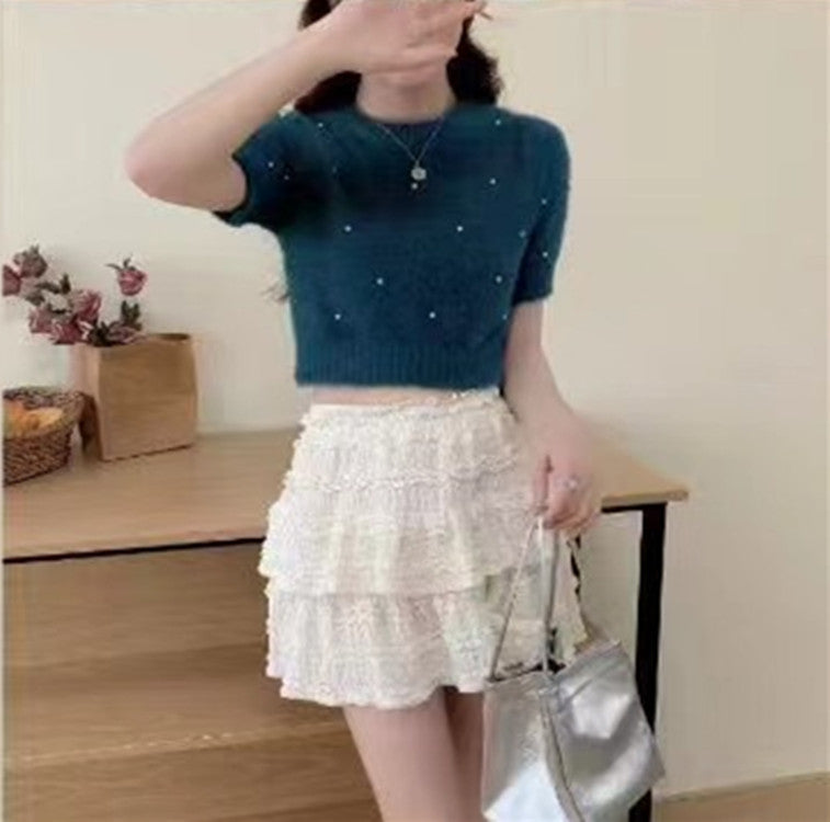 Damen cropped Pullover mit zarten Perlen Heidi-Mode