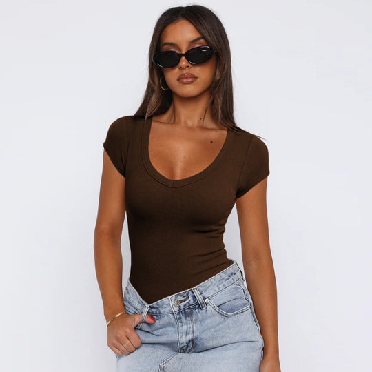 Damen Body mit tiefem V-Ausschnitt und figurbetonter Passform Heidi-Mode