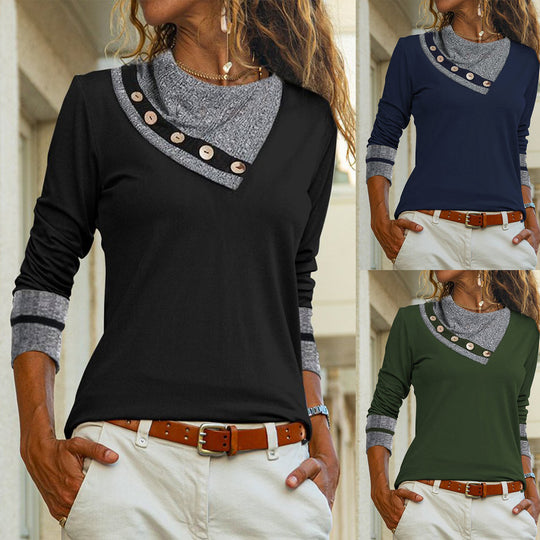 Damen modisches Longsleeve-T-Shirt mit Kragen und Knöpfen Heidi-Mode