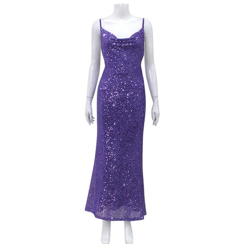 Heidi-Mode | Luxuriöses Paillettenkleid Abendrückenfrei Slim Fit Elegantes Glockenform Kleid