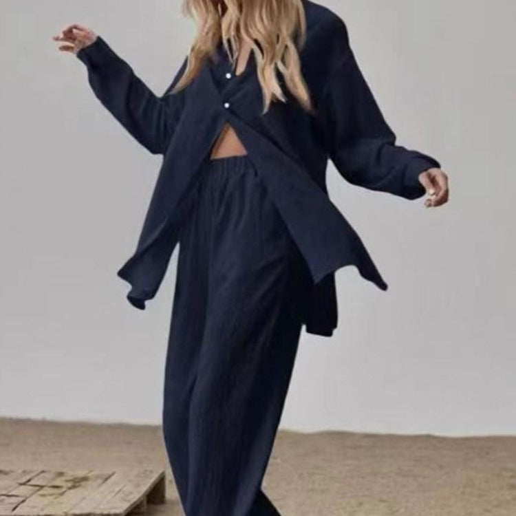 Damen bequemes Schlafanzug-Set mit knöpfbarem Oberteil und lockeren Hosen Heidi-Mode