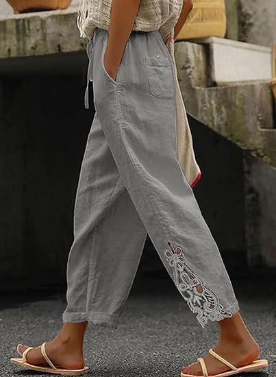 Damen luftige Leinenhose mit dekorativen Stickereien Heidi-Mode