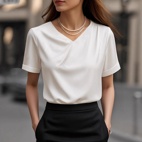 Damen Elegantes V-Ausschnitt Blusenshirt mit kurzärmeligen Design Heidi-Mode