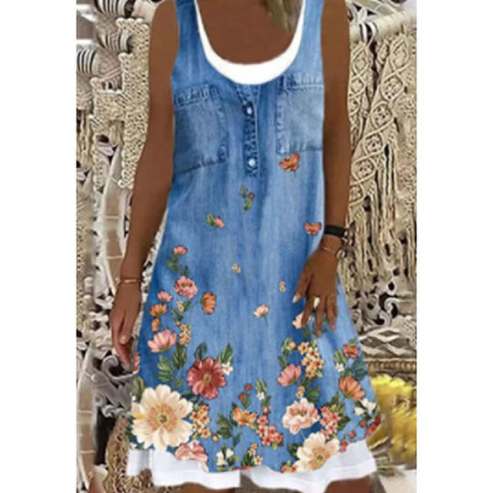 Damen ärmelloses Jeanskleid mit floralem Design und Knopfleiste Heidi-Mode