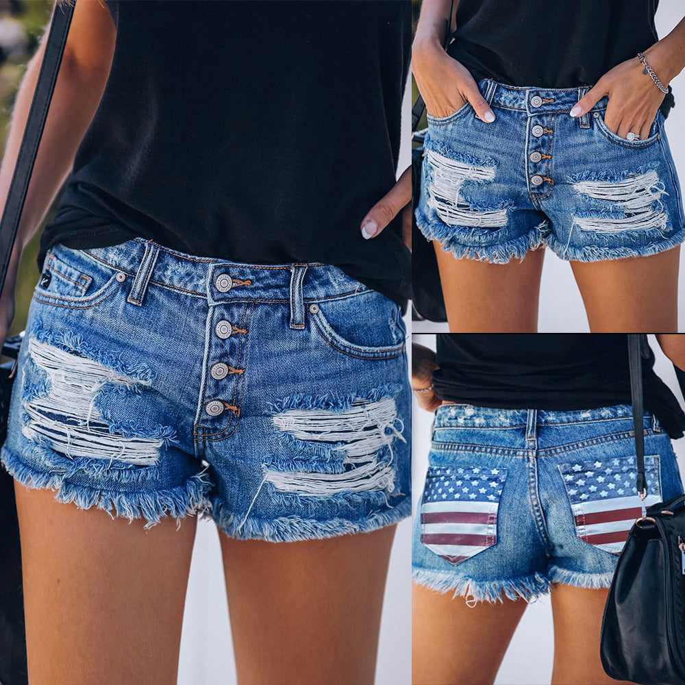 Damen Denim-Shorts im lässigen Style mit amerikanischem Flaggen-Print und fransigen Säumen Heidi-Mode