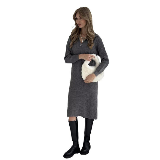 Damen Strickkleid mit Stehkragen und durchgehendem Reißverschluss Heidi-Mode