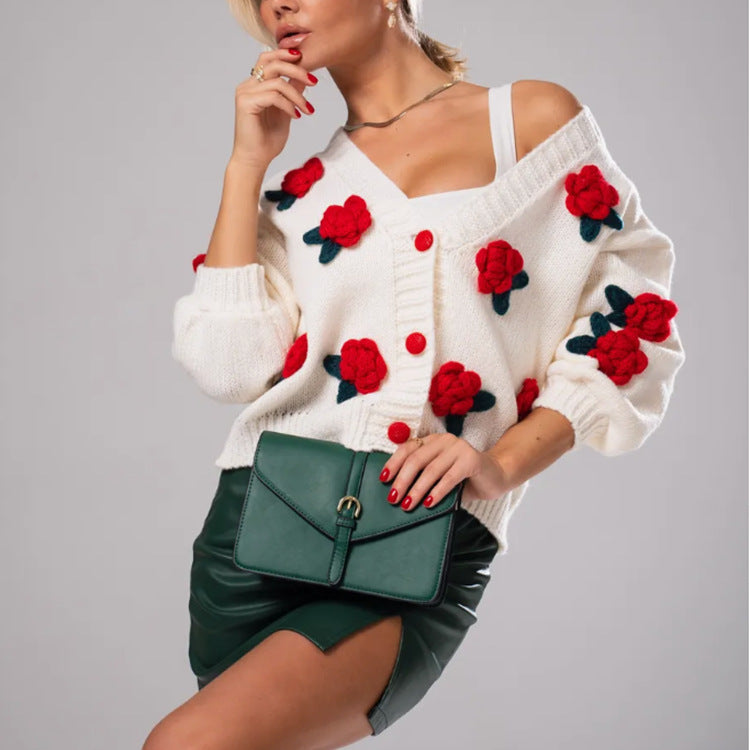 Damen Kuscheliger Strickcardigan mit floralen Applikationen und oversized Schnitt Heidi-Mode