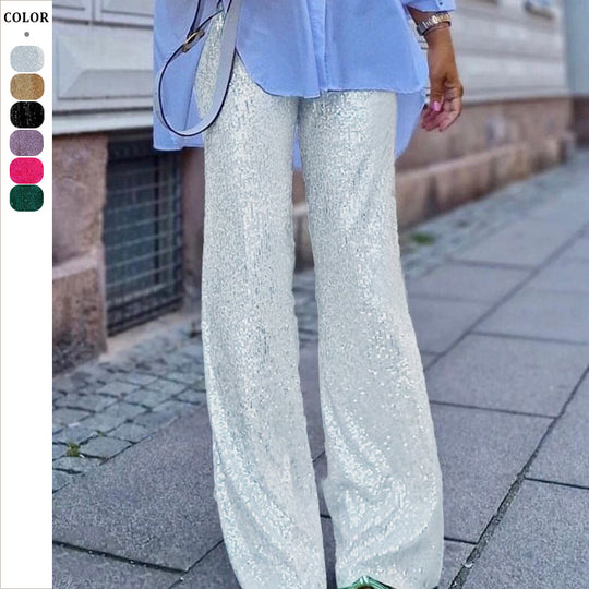 Damen Funkelnde Palazzohosen mit schimmernden Pailletten und hohem Bund Heidi-Mode