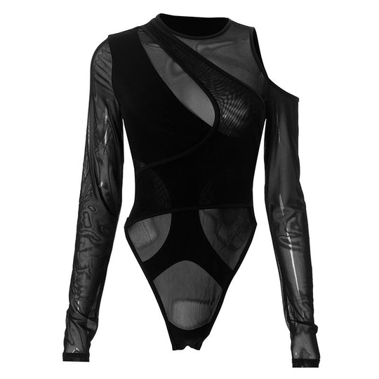 Damen Trendy Bodysuit mit asymmetrischem Design und transparenten Einsätzen Heidi-Mode