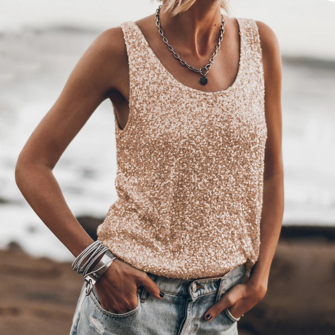 Damen Glitzerndes Top mit tiefem Rundhalsausschnitt und leichter A-Linie Heidi-Mode