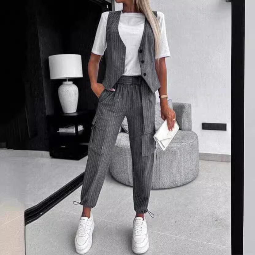 Damen modisches Overall-Set mit tailliertem Oberteil und cargo inspirierten Hosen Heidi-Mode