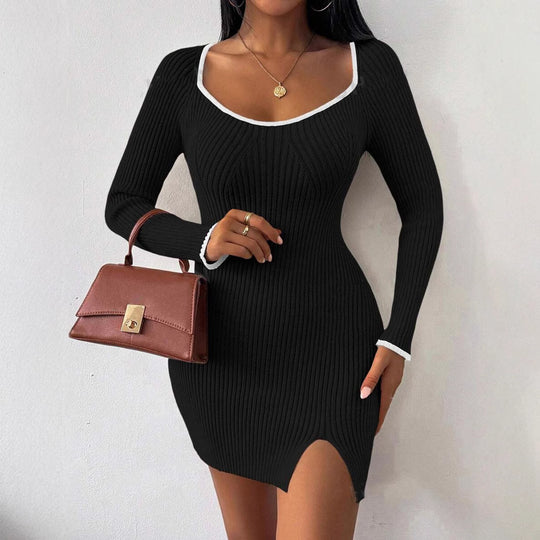 Damen figurbetontes Rippstrickkleid mit tiefem Ausschnitt und Seitenschlitz Heidi-Mode
