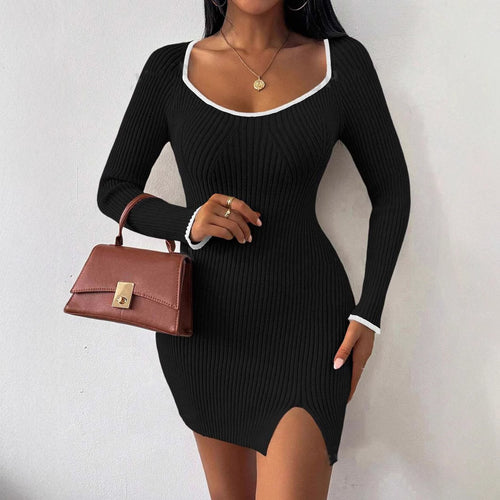 Damen figurbetontes Rippstrickkleid mit tiefem Ausschnitt und Seitenschlitz Heidi-Mode