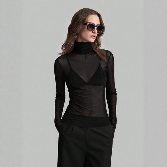 Damen Transparente Turtleneck-Bluse mit figurformendem Schnitt Heidi-Mode