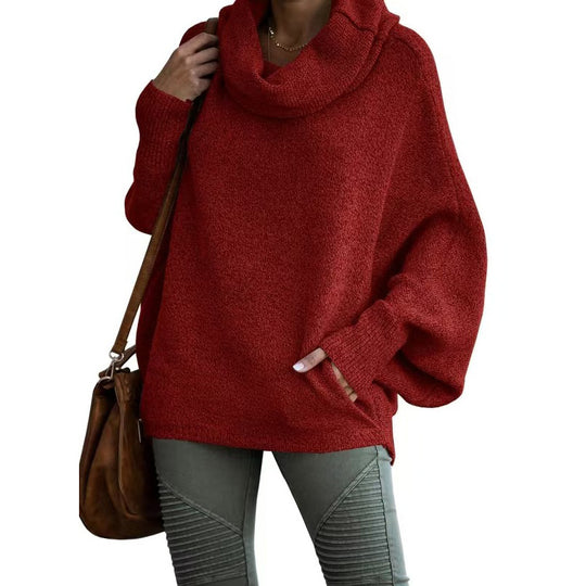 Damen lässiger Strickpullover mit weichem Stehkragen und weit geschnittenen Ärmeln Heidi-Mode