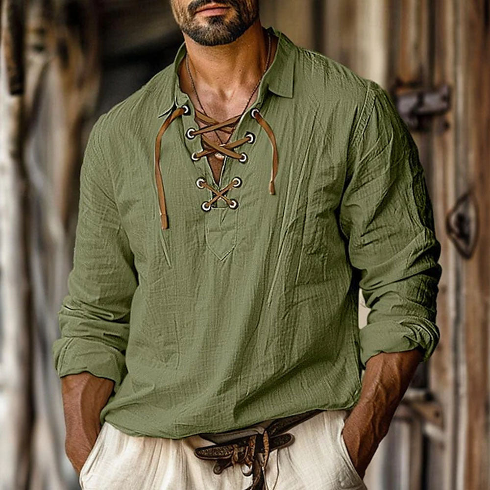 Herren lässiges Langarmhemd mit elegante Schnürung Heidi-Mode