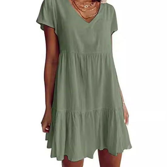 Damen lässiges und leichtes Sommerkleid mit V-Ausschnitt und voluminösem Rock Heidi-Mode