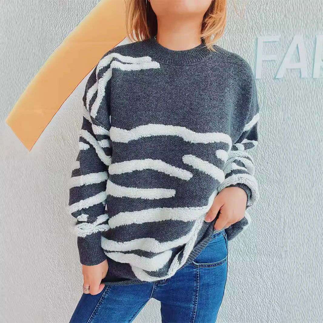 Damen lässiger Strickpullover mit modernem Zebrastreifenmuster Heidi-Mode
