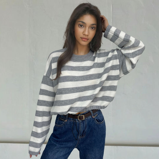 Damen Gemütlicher Ringelpullover mit lässigem Schnitt und tiefem Saum Heidi-Mode