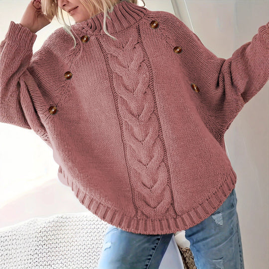 Damen Oversized Strickpullover mit Hochkragen und dekorativen Knopfdetails Heidi-Mode