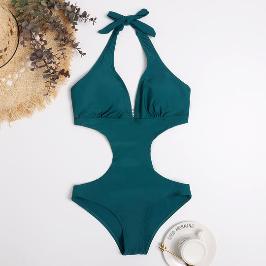 Damen Cut-Out Badeanzug mit verstellbarem Halsband und tiefem V-Ausschnitt Heidi-Mode
