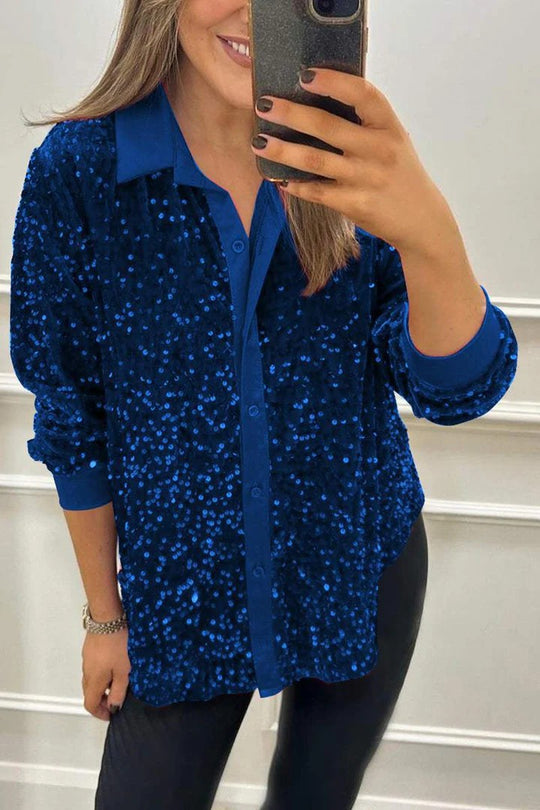 Damen Glitzernde Bluse aus Pailletten mit klassischem Kragen Heidi-Mode