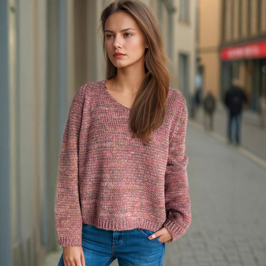 Damen lässiger V-Ausschnitt Pullover mit strukturiertem Maschenmuster Heidi-Mode
