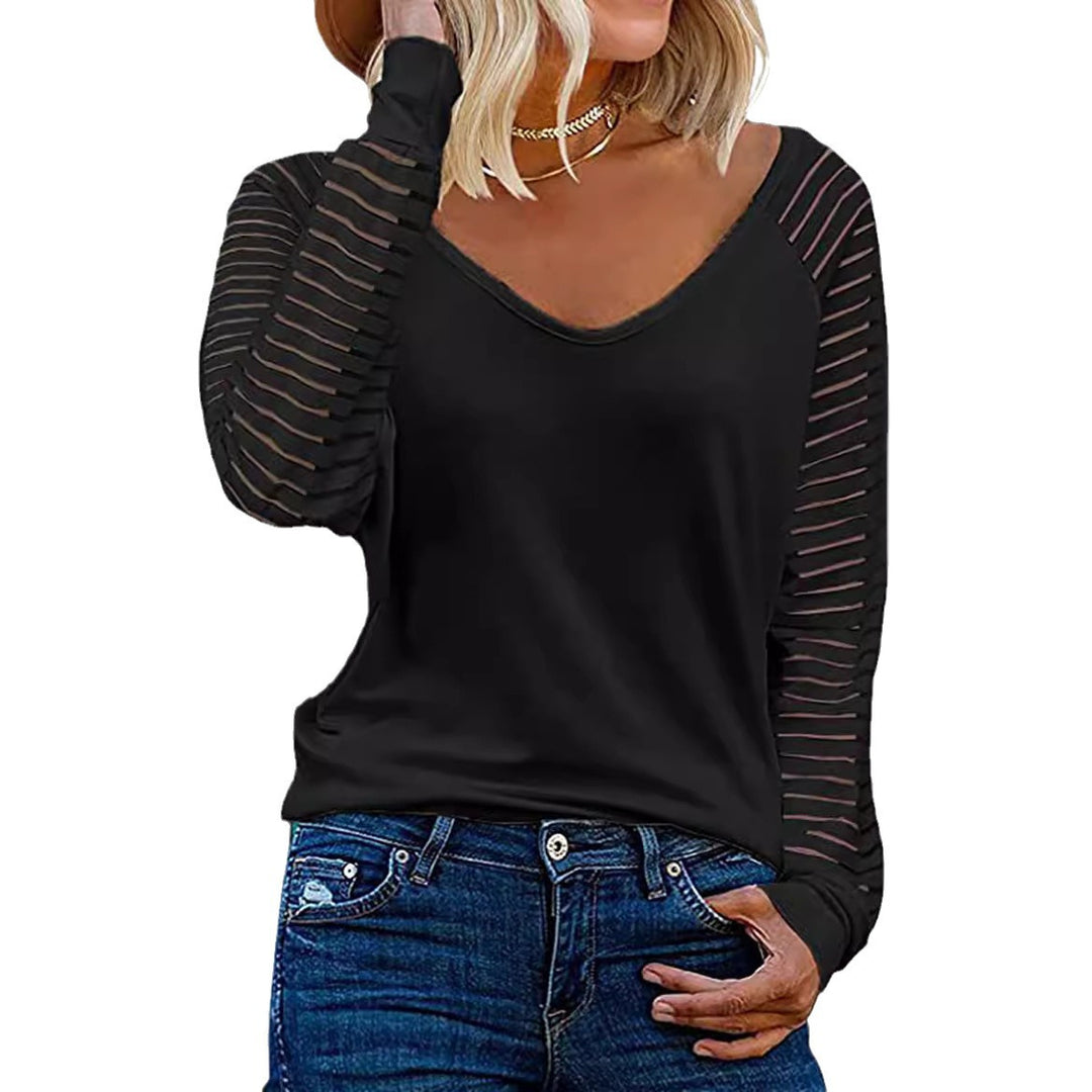 Damen Langärmliges V-Ausschnitt Shirt mit gestreiften Ärmeln Heidi-Mode