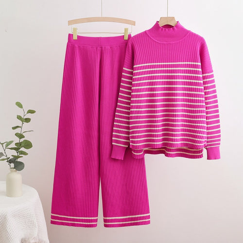 Damen gemütliches Strick-Loungewear-Set mit quer gestreiften Details Heidi-Mode