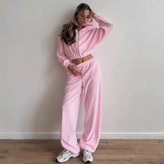 Damen Sportliches Cropped Sweatshirt und Jogginghose Set mit elastischem Bund Heidi-Mode